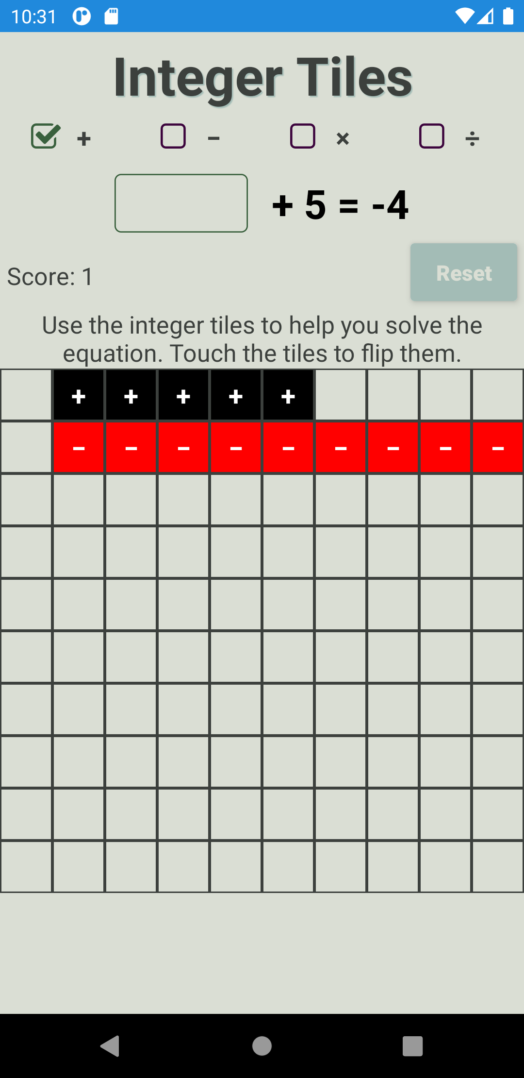 Integer Operations with Tiles App